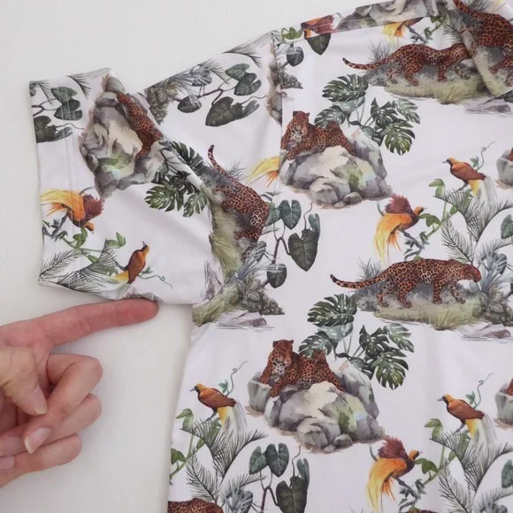 Waggle Mens Polo Golf Shirt White Leopard Bird Jungle Tropical Print Large - Picture 6 of 11